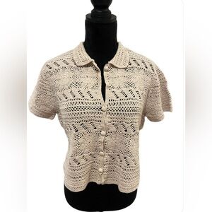 *Vintage* Liz Claiborne Crochet Cropped Button-Up Short Sleeve Top- medium